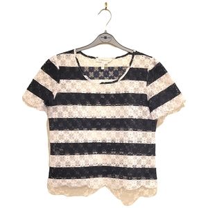 2/$18 BCBGeneration Lace Short Sleeve Striped Top Navy White Mesh Blouse S